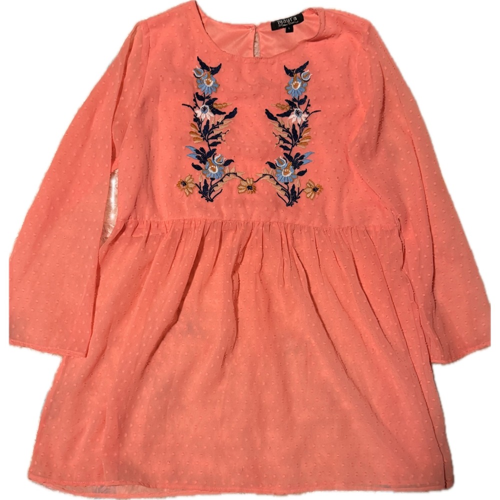 Mayra Fashion Clothing Coral Swiss Dot Floral Embroidered Babydoll Top Large